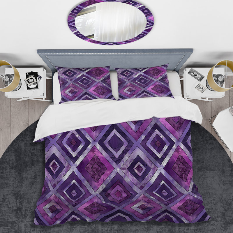 Ensemble de housse de couette mauve à motif carré argenté Glam, Housse de couette très grand + 2 taies décorativ