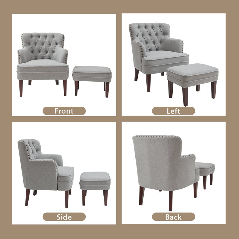 Upholstered Armchair With Ottoman, Gray Polyester Blend