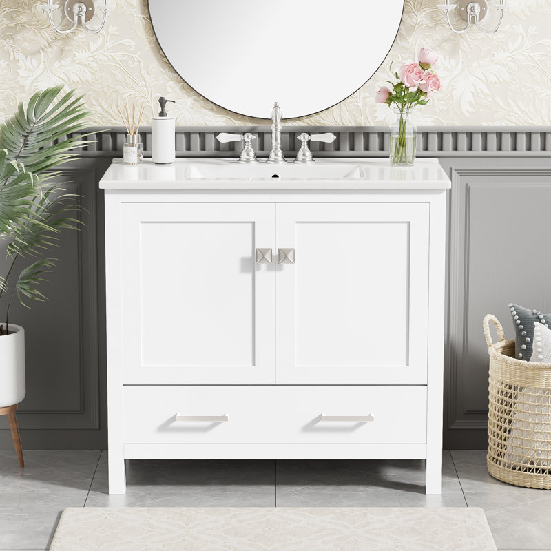 36" Single Bathroom Vanity With Ceramic Sink, White