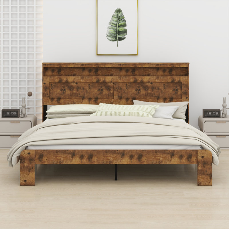 Wood Platform Bed Frame With Storage LED Light Headboard And USB, Queen, Dark Brown