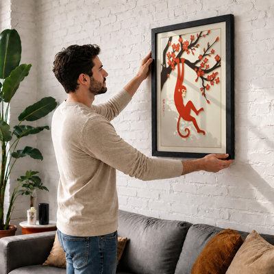 Playful Monkey in Blossom Japandi - Framed Print