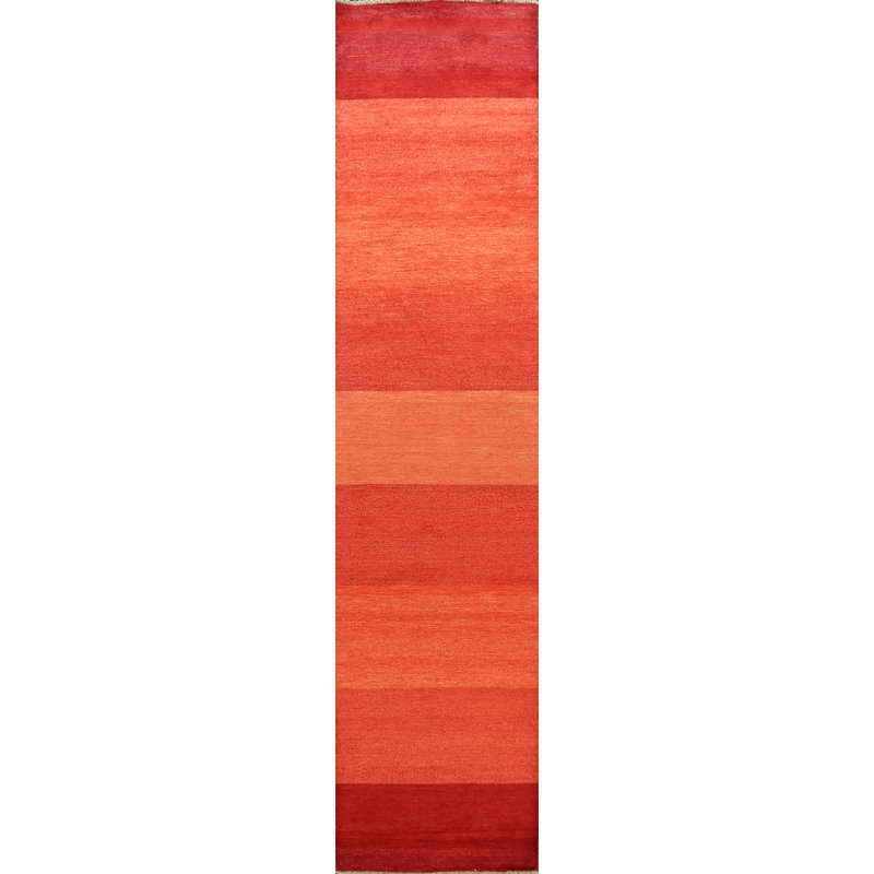 Tapis de couloir rouge en laine noué à la main de conception unique 2 pi 7 po x 12 pi 8 po New Age