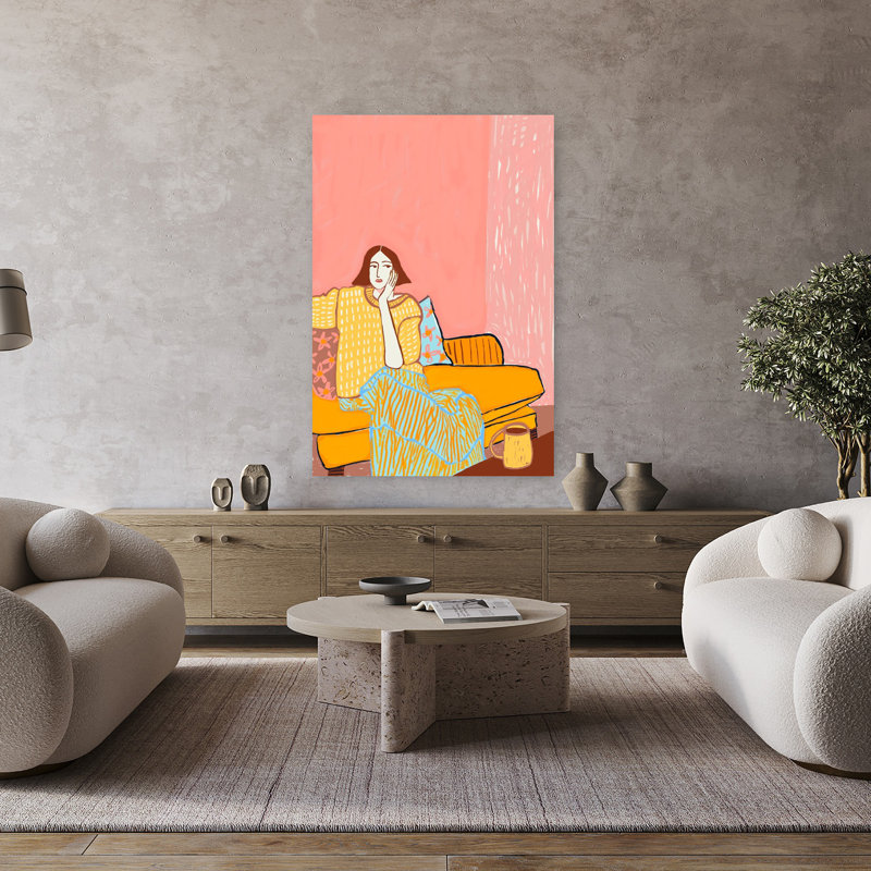 «Lady on Couch Resting Dreamy», art mural rétro moderne, H 48 po x l 32 po, Orange