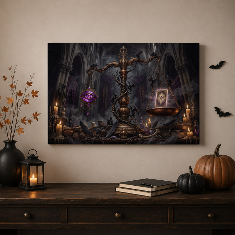 Tableau sur toile gothique doré à l'œil violet et lumineux, idéal pour l'Halloween, H 20 po x l 30 po
