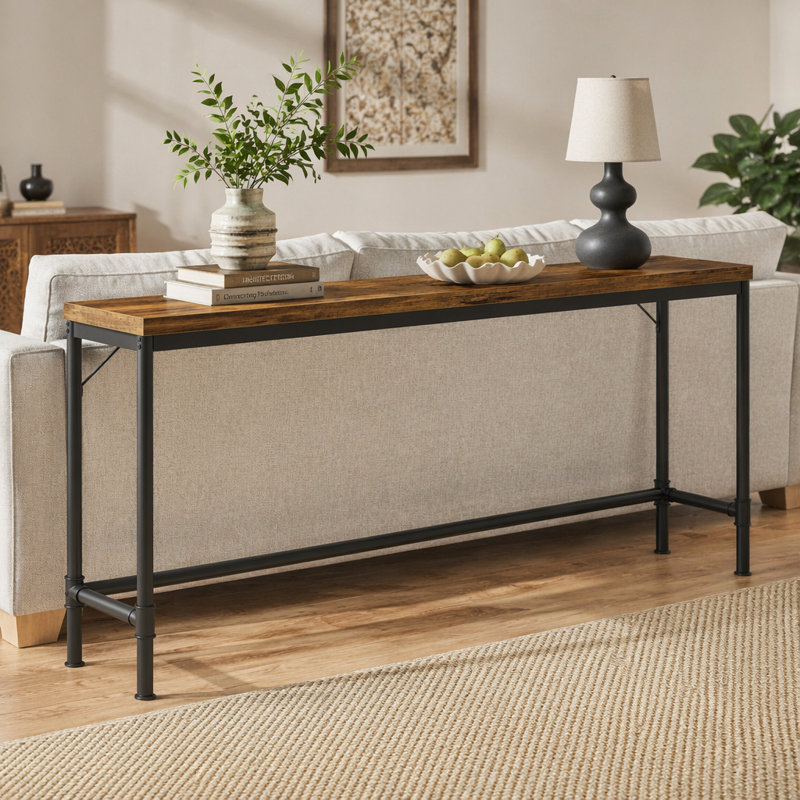 Console très longue de 70,9 po, canapé industriel étroit derrière le canapé, table de couloir d'entrée rustique, grande table à hauteur de bar pour le salon, brun et noir