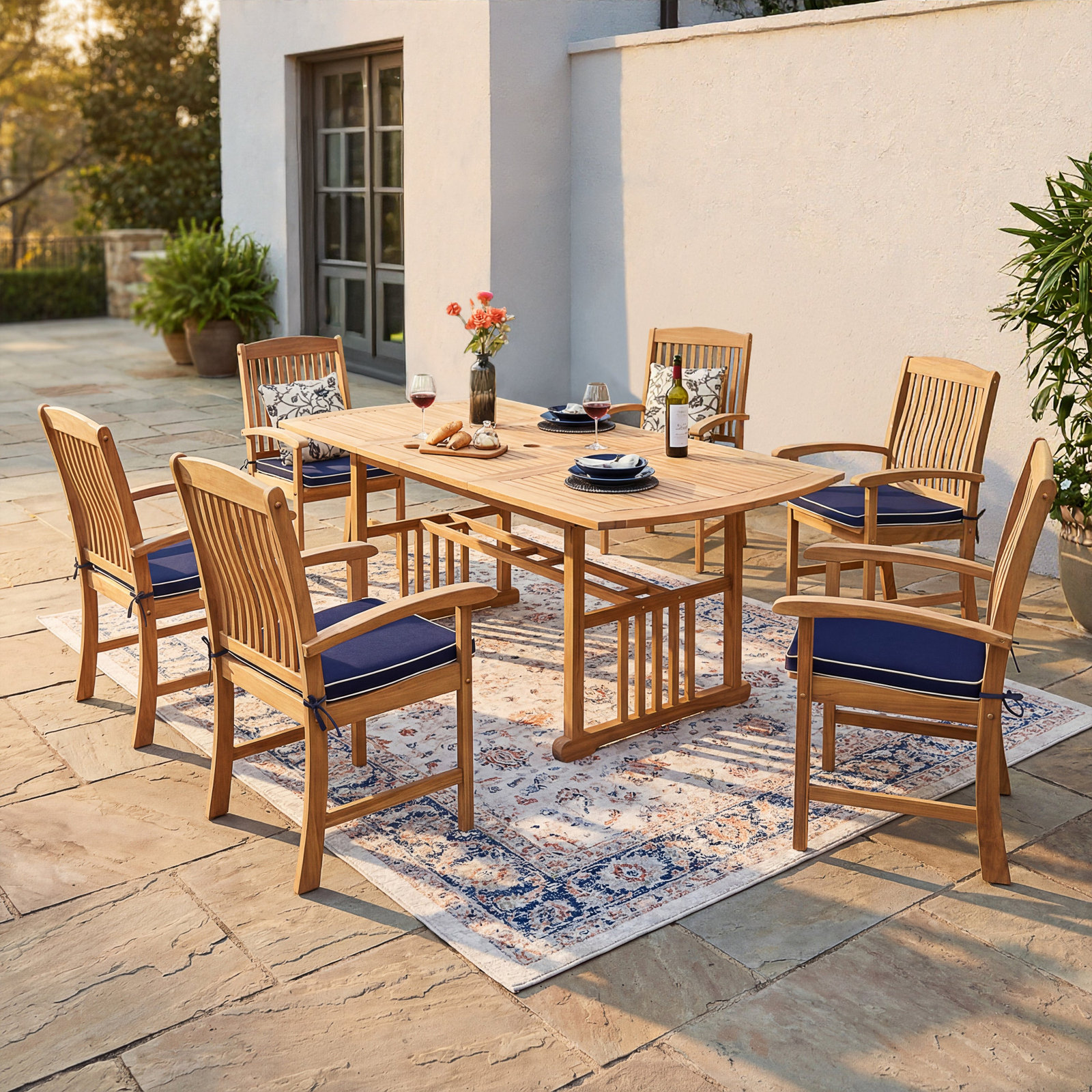 Summerton 85" Teak Patio Dining Set, Navy White Piping