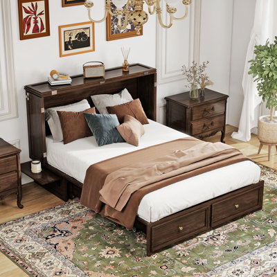 Commode 100% lit escamotable en bois massif avec tiroirs, lit escamotable double avec chargeur intégré pour la chambre à coucher (matelas inclus)