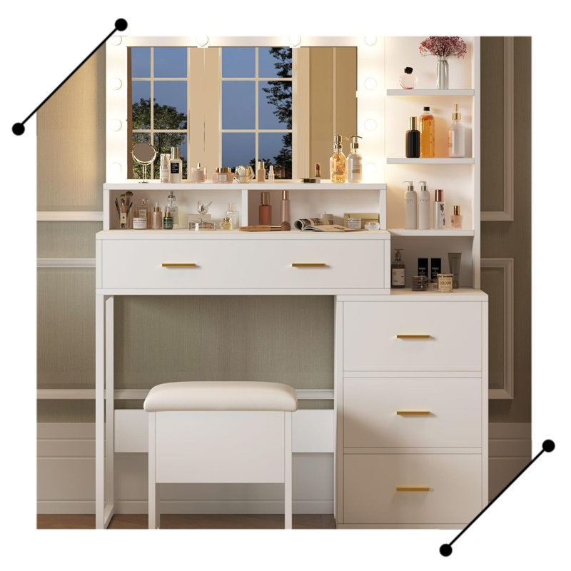 Bureau de coiffeuse, table de maquillage avec miroir et 9 ampoules DEL