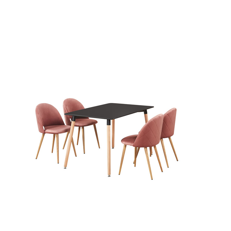 Totnes 4 Person Dining set - a Rectangular Plastic Dining Table with Wooden Legs and a Set of 4 Quilted Velvet Dining Chairs for Dining Room - Modern Dining Table Set