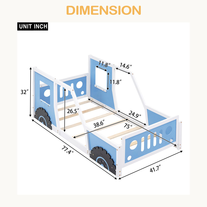 Lit plateforme classique avec roulettes en forme de voiture, Lit simple, Bleu