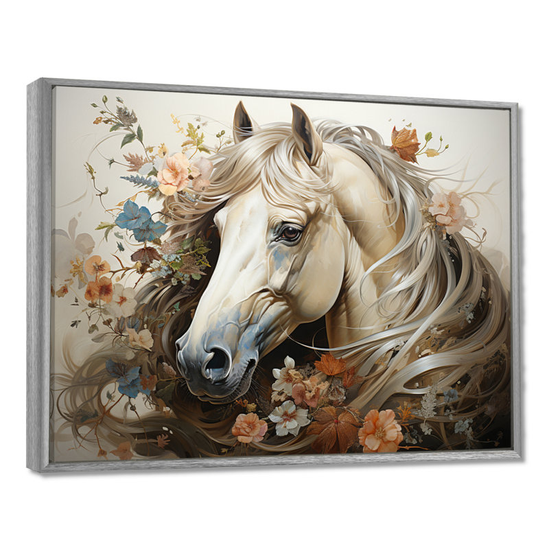 «Blooming Horse symbolism I» - art mural cheval, H 24 po x l 32 po x P 1 po, Silver Floater Framed