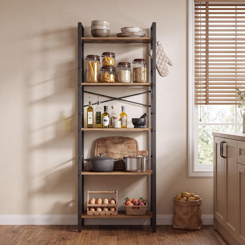 Bibliothèque industrielle cintrée à 5 niveaux de 170 cm – Haute bibliothèque en métal et bois avec traverses latérales – Meuble de rangement rustique autoportant pour bureau, salon, chambre à coucher