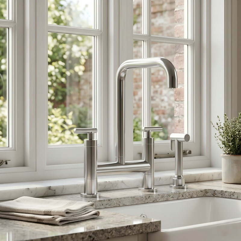 Robinet de cuisine Bridge avec bec pivotant, robinet de cuisine avec douchette latérale, Chrome chrome