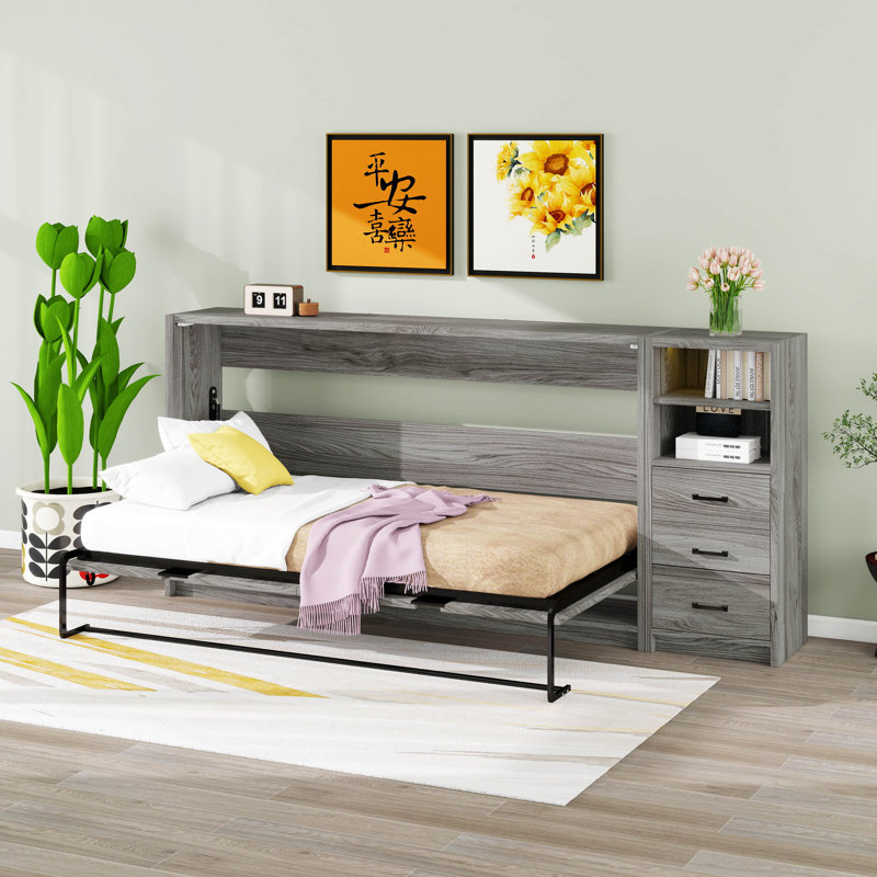 Lit escamotable simple avec 3 tiroirs et lumières DEL, peut être plié dans une armoire, cadre de lit plateforme pour enfants, adolescents, adultes