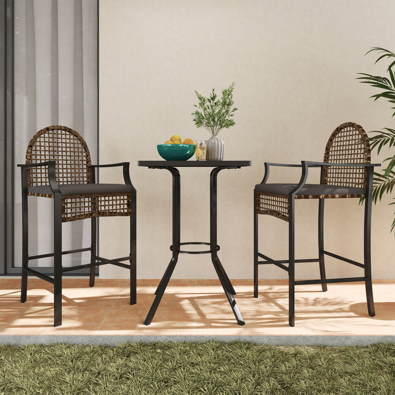 3 - Piece Outdoor Dining Set With Cushions, Patio Pe Wicker Bar Stool And Bistro Bar Table With Metal Frame, Farmhouse Conversation Set For Porch/Yard/Poolside/Cafe