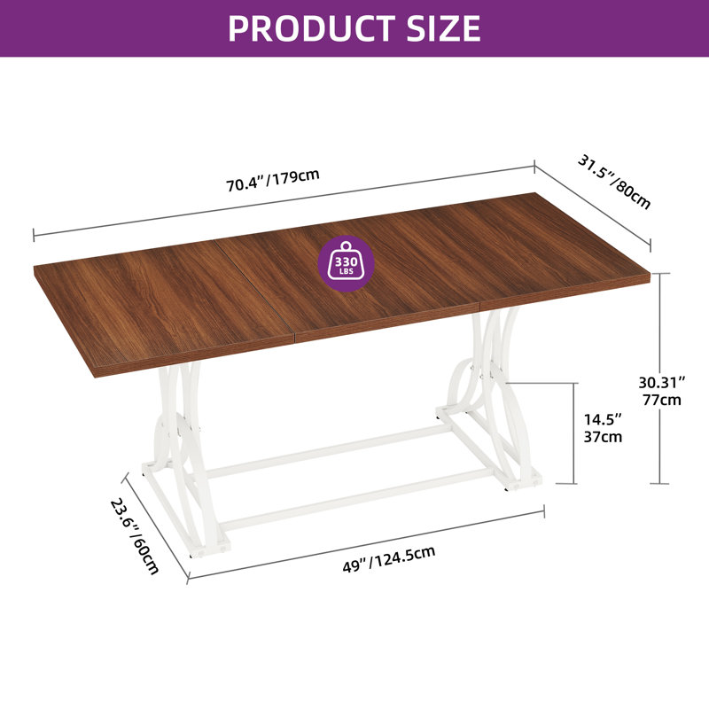 Tyshianna 70.3'' Rectangular Dining Table with Metal Base, Brown/White