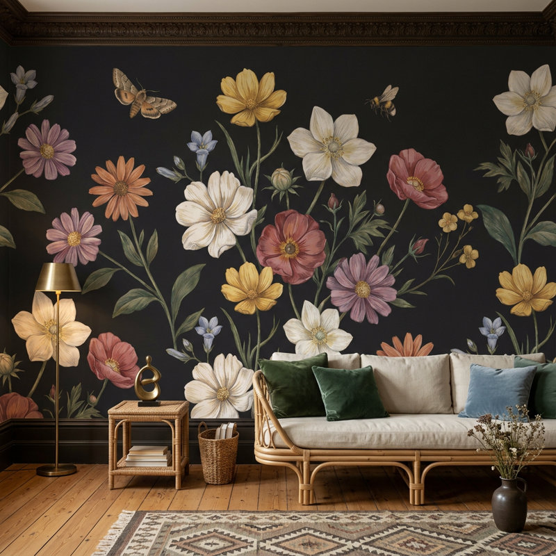 Papier peint floral foncé Wildflower, 120 po x 96 po, Non tissé