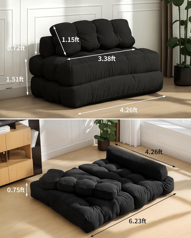 Boneless 79" 3-in-1 Portable Folding Sofa Bed with Pillow, Convertible Floor Couch for Living Room & Dorm, Black