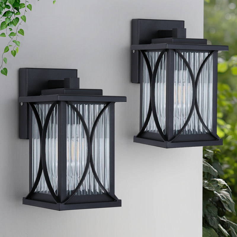  Outdoor Wall Sconce Light Metal & Glass, Matte Black, Wall Light Fixture For Porch, Garage, Patio (Set Of 2)