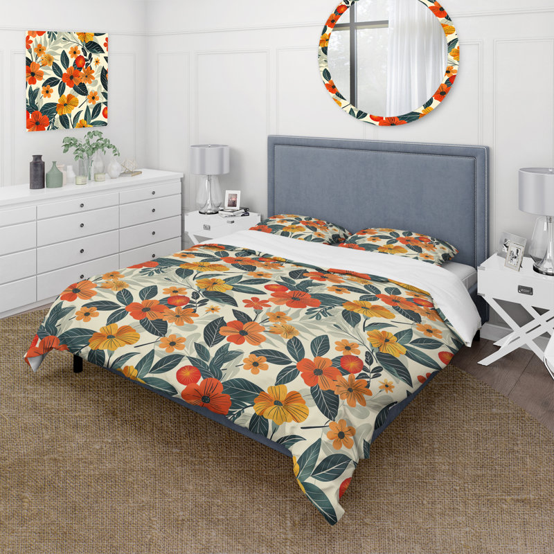 Ensemble de housse de couette orange et vert Midcentury Flower Gardens - Midcentury Flowers