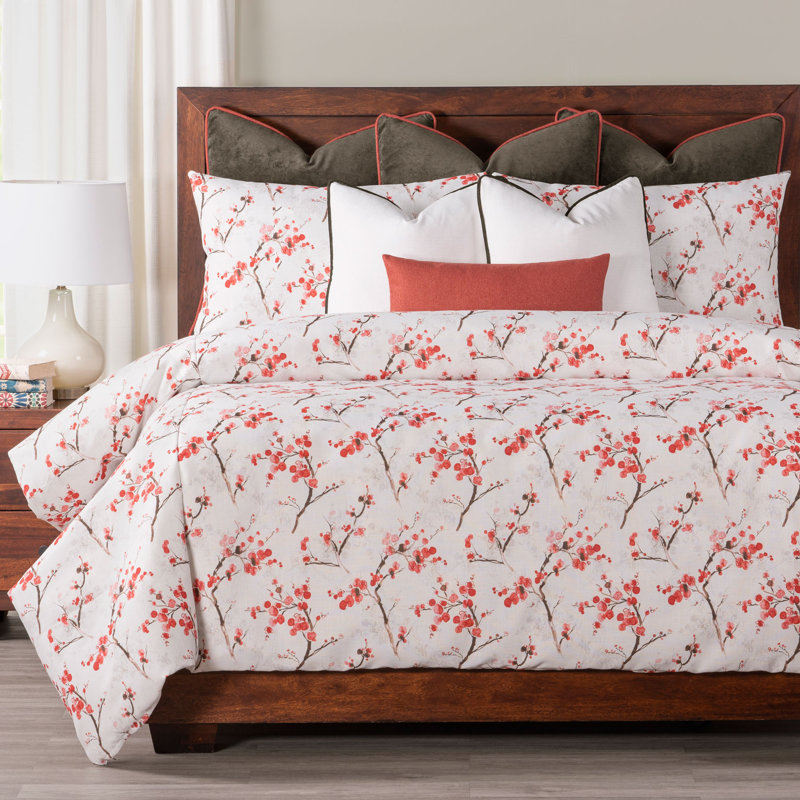 Coral Blossom Duvet Cover & Insert Set, Queen Duvet Cover & Insert + 2 Shams + 3 Pillows, White