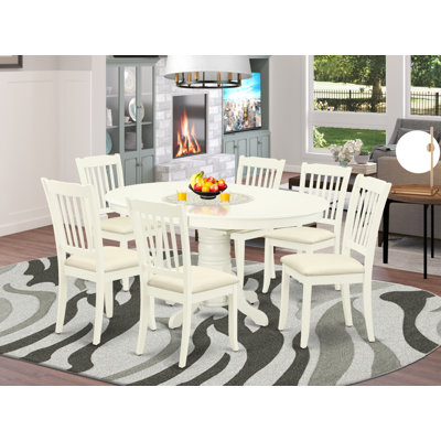 7 Piece Dining Room Table Set Consist of an Oval Kitchen Table with Butterfly Leaf and 6 Linen Fabric Dining Chairs, Linen White
