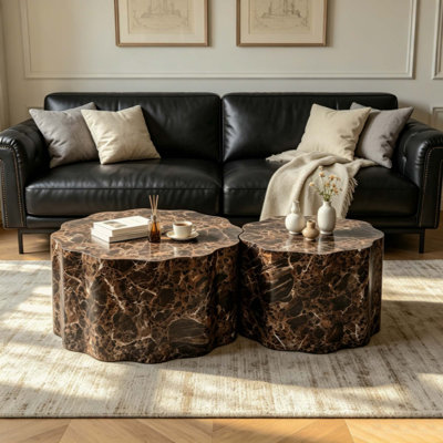 Ensemble de 2 tables basses rondes avec plateau en faux marbre travertin, tables d'appoint minimalistes modernes pour salon, appartement et bureau