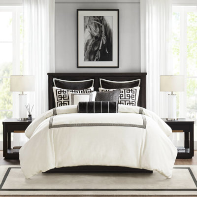 Literie pour grand lit 8 pièces de luxe, édredon en microfibre moelleuse, housse amovible, taies décoratives assorties et coussins décoratifs - style couette, design classique moderne, surdimensionné pour plus de commodité, confort toutes saisons,
