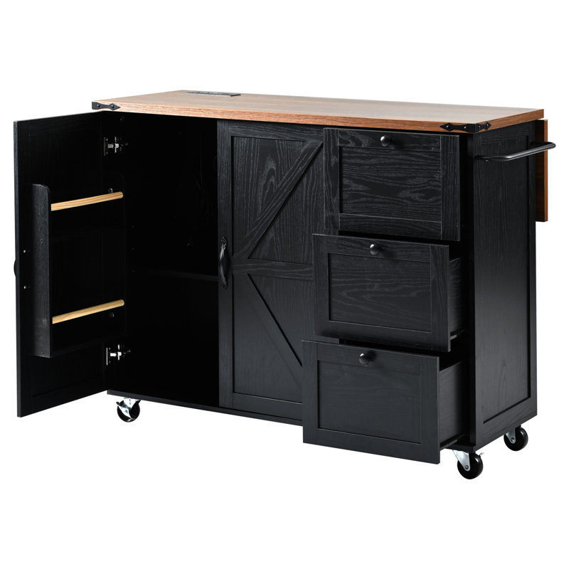 K&K 54.5" Farmhouse Kitchen Island with Power Outlet, Kitchen Storage Island  with Internal Storage Rack, Drop Leaf, Spice Rack, Rolling Kitchen Cart on Wheels, for Home, Kitchen and Dining Room,Black