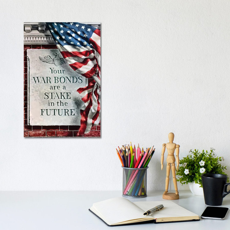 Vintage WWII Poster Of The American Flag And A Sign On A Brick Building by Stocktrek Images - Wrapped Canvas Print