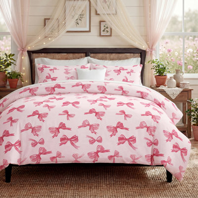 100% Cotton Duvet Cover Set King Size Pink Bow Bedding Set Cute Bowknot Print Women Girls Dreamy Room Decor Soft & Breathable Duvet Cover with Zipper Closure
