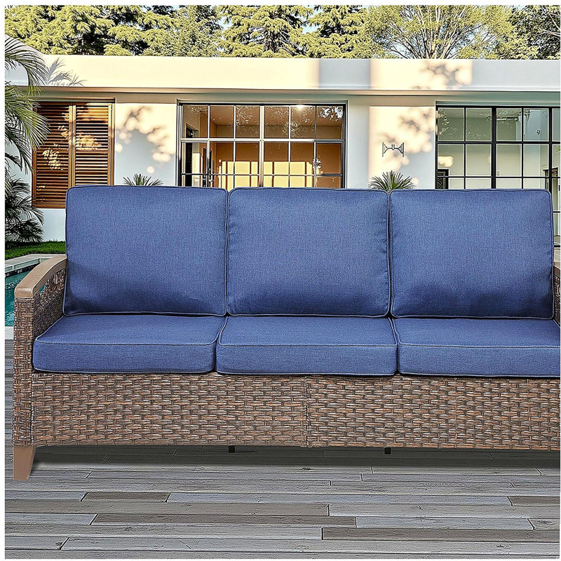 Canapé d'extérieur en osier de 73,6 po de largeur, canapé à assise profonde avec coussins pour la véranda, bleu