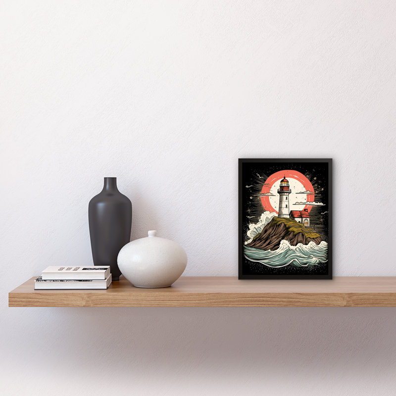 Jesenof Lighthouse on a Cliff Crushing Waves Below Rockabilly Americana 1 Piece Single Picture Frame Wall Art