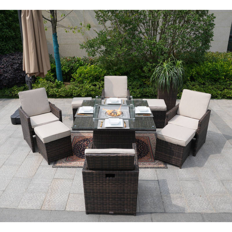 8 - Person Wicker Patio Dining Set with Square Table , Cushions Included