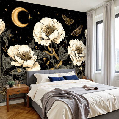 Papier peint adhésif autocollant Mystical Night Garden Crescent Moon Delicate Butterflies