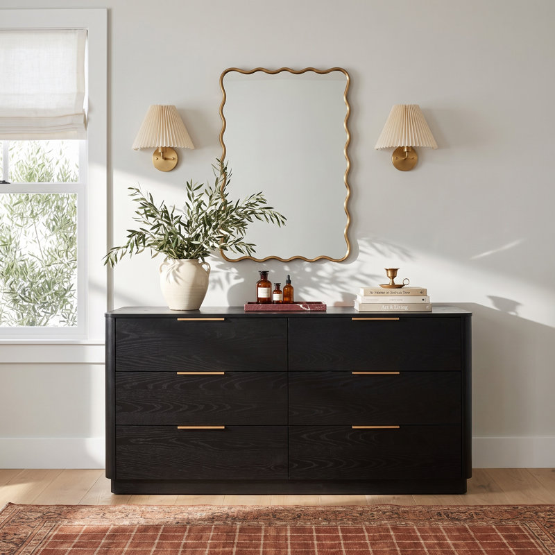 Tahani 58" W 6-Drawer Horizontal Rubberwood Double Dresser, Black/Gold
