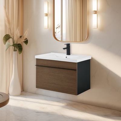 Barham 30" Floating & Wall-Mounted Single Bathroom Vanity In Shadow Walnut With Ceramic Integrated Sink And Countertop