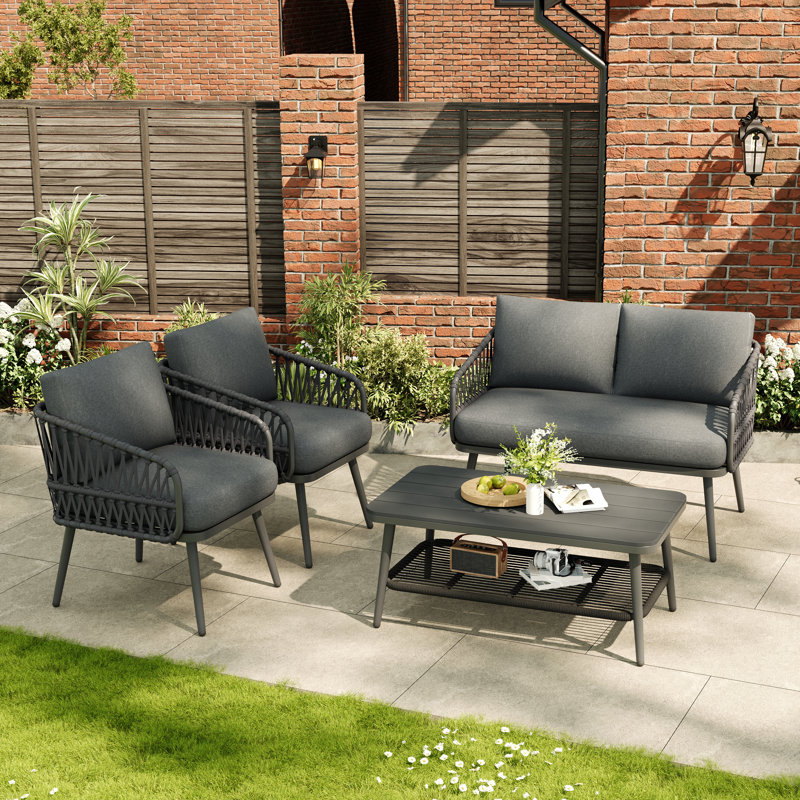 Outdoor Conversation Set 4 Places With 1 Sofa, 2 Chairs And 1 Coffee Table Beige, Grey, Grey