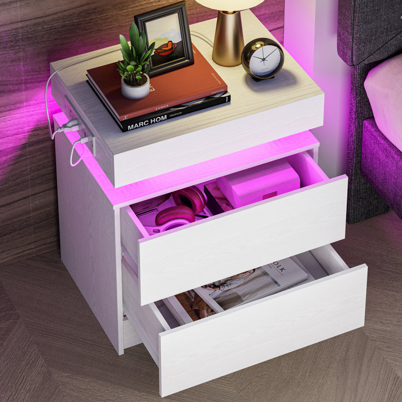 Westerly Modern Style Wooden Nightstand with LED Light and Storage Drawers, White, 2