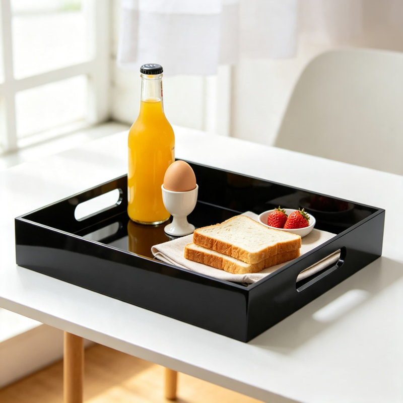 Élégant plateau de service en acrylique avec poignées, coiffeuse décorative et organisateur de table basse, plateau de rangement polyvalent pour le petit-déjeuner, les boissons, le maquillage et la décoration intérieure