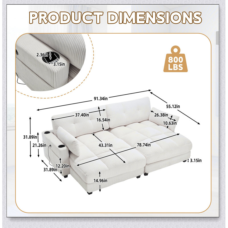 Canapé-lit polyvalent en velours côtelé avec accoudoirs et rangement réglables, parfait pour le confort et la commodité de toute maison.