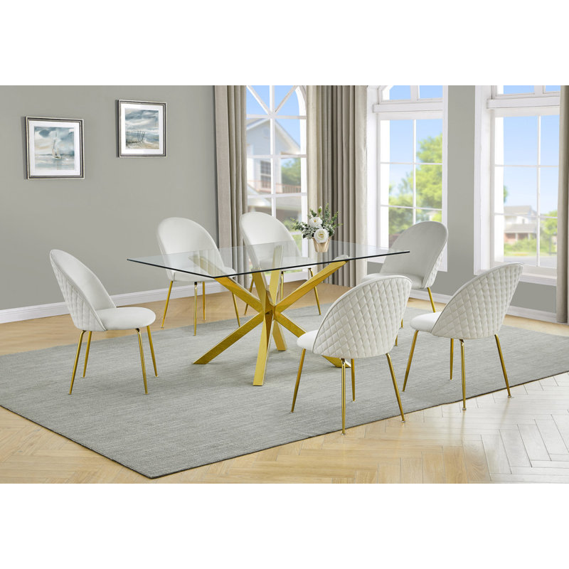 Ensemble de salle à manger de table 63 "x 39" en verre avec chaises d'appoint rembourrées et base dorée, 7, Crème / doré