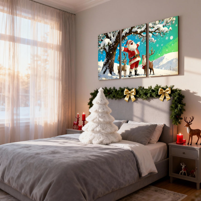 Père Noël de Noël avec renne dans la forêt enneigée, ensemble de 3 impressions sur toile, H 18 po x l 36 po
