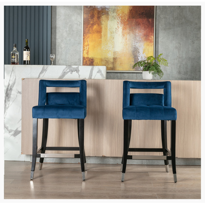 Karlia Upholstered Counter Stool with Solid Wood Frame, Navy, Counter Stool (26.38" Seat Height)