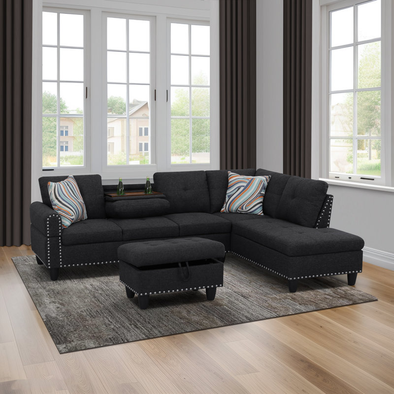 Ensemble de canapé de salon moderne en lin 3 pièces avec repose-pieds, table basse rabattable et porte-gobelets