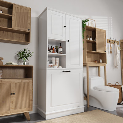 Armoire de salle de bain avec panier à linge inclinable, armoire de salle de bain avec tablettes réglables, style autoportant