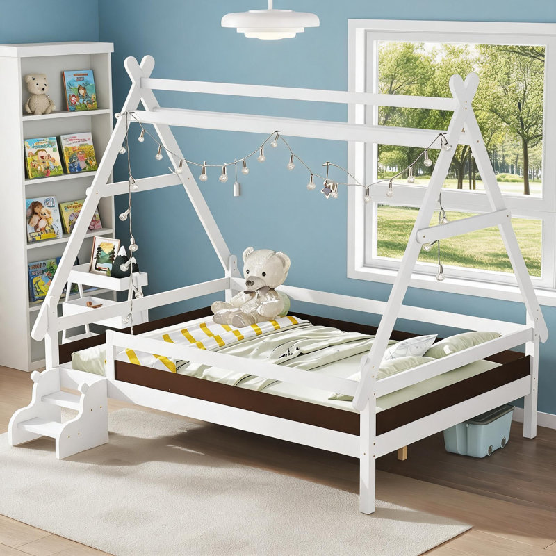 Wood Twin Platform Bed, Classic White, Low Profile House Shaped Frame with Built-in Stairs for Kids Bedroom, White