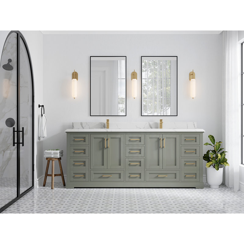 Ensemble de meuble-lavabo double 84 po Esin, Calacatta Laza, À feuilles persistantes, Or