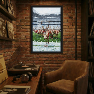Animals Reindeer Team In Snowy Stadium Field