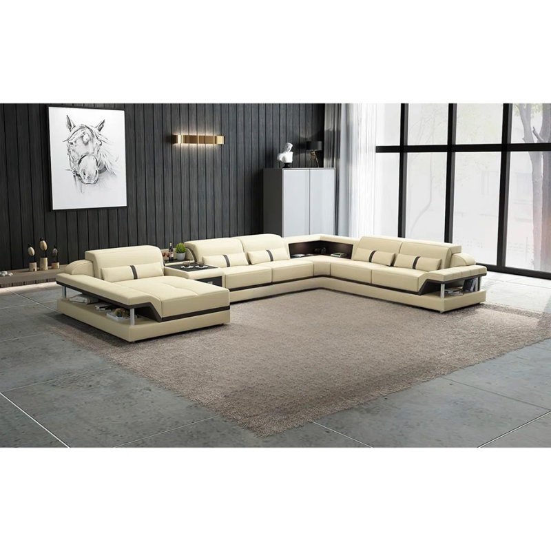 Asantae - Canapé modulaire d'angle en cuir véritable, Beige / brun foncé, Face à la gauche